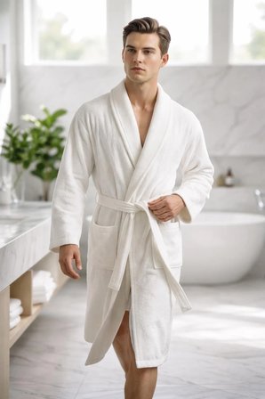 İpekçe Home Fitilli Yaka Unisex Bornoz Takımı %100 Pamuk 3'lü Set Beyaz