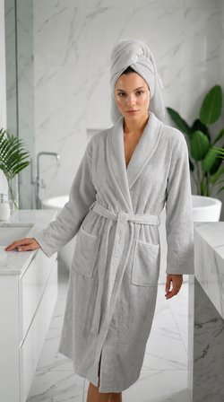 İpekçe Home Fitilli Unisex Bornoz Takımı %100 Pamuk Açık Gri 3 Parça