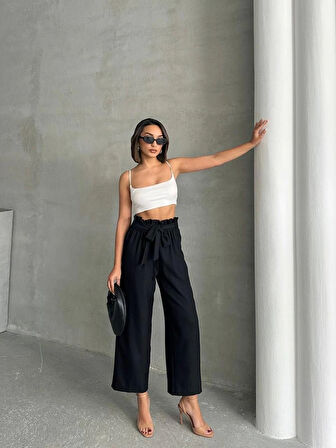 Kadın Fiyonk Kuşak Detaylı Keten Pantolon