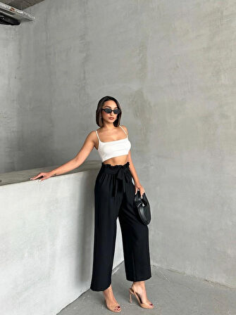 Kadın Fiyonk Kuşak Detaylı Keten Pantolon