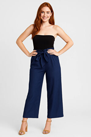 Kadın Fiyonk Kuşak Detaylı Keten Pantolon