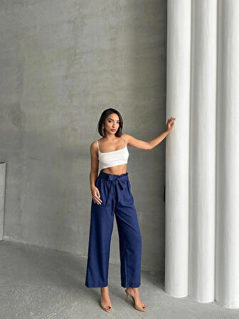 Kadın Fiyonk Kuşak Detaylı Keten Pantolon