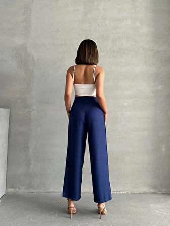 Kadın Fiyonk Kuşak Detaylı Keten Pantolon