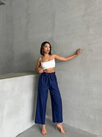 Kadın Fiyonk Kuşak Detaylı Keten Pantolon