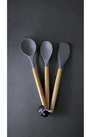 3 Lü Set Hakiki Bambu Saplı Silikon Kaşık Kepçe Spatula Seti