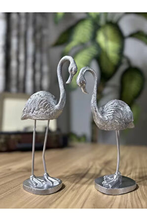 2'li Şık Dekoratif Flamingo Gümüş Renk Dekor Obje Dekorasyon