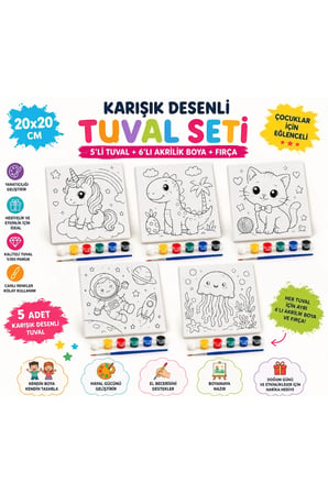 5’li Desenli 20x20 Tuval Boyama Seti – 5 Adet 6’lı Akrilik Boya ve 5 Fırça Hediyeli