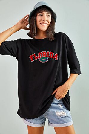 Pamuk Florida Tasarımlı Unisex Siyah T-shirt