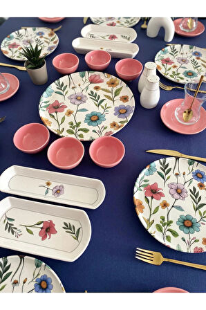 Flora model 6 kişilik 23 parça çay tabaklı kahvaltı takımı (pembe)