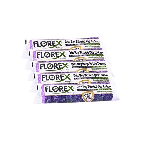 Florex 40 Litre Büzgülü Lavanta Kokulu Çöp Torbası Poşeti / 55 x 60 Cm. - 10 Adetlik 5 Rulo