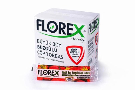 Florex 60 Litre Büzgülü Çilek Kokulu Çöp Torbası Poşeti / 65 x 70 Cm. - 10x5 Rulo / Paket