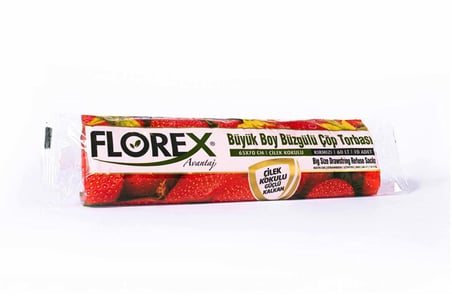 Florex 60 Litre Büzgülü Çilek Kokulu Çöp Torbası Poşeti / 65 x 70 Cm. - 10x5 Rulo / Paket