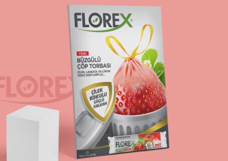 Florex 60 Litre Büzgülü Çilek Kokulu Çöp Torbası Poşeti / 65 x 70 Cm. - 10x5 Rulo / Paket