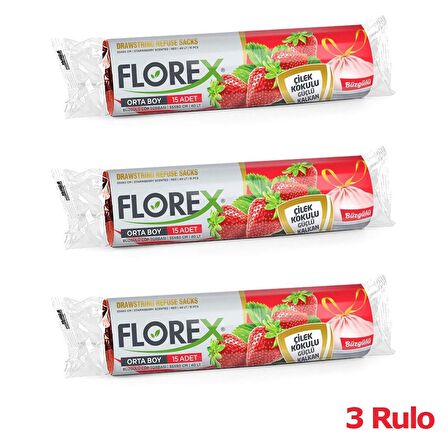 Florex 40 Litre Büzgülü Çilek Kokulu Çöp Torbası Poşeti / 55 x 60 Cm. - 10 Adetlik 3 Rulo