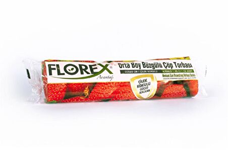 Florex 40 Litre Büzgülü Çilek Kokulu Çöp Torbası Poşeti / 55 x 60 Cm. - 10 Adetlik 3 Rulo