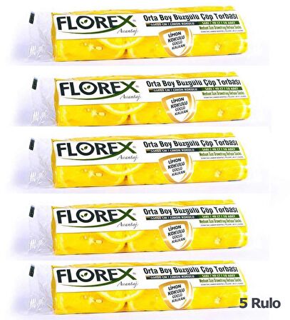 Florex 40 Litre Büzgülü Limon Kokulu Sarı Çöp Torbası Poşeti / 55 x 60 Cm. - 10 Adetlik 5 Rulo