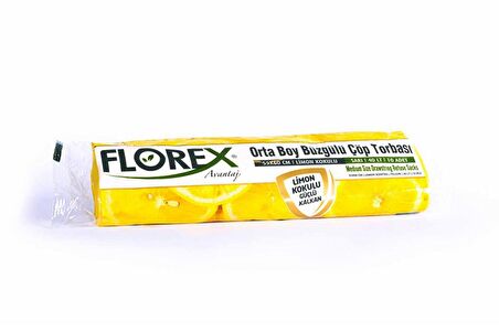 Florex 40 Litre Büzgülü Limon Kokulu Sarı Çöp Torbası Poşeti / 55 x 60 Cm. - 10 Adetlik 5 Rulo