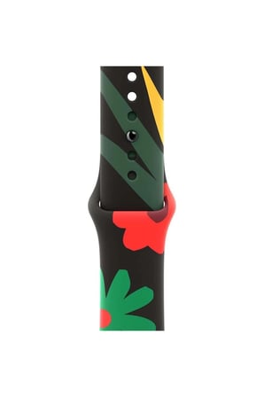 Apple Watch 42 44 45 49 mm Uyumlu Kordon Renkli Çiçek Desenli Siyah Silikon Kayış Bileklik