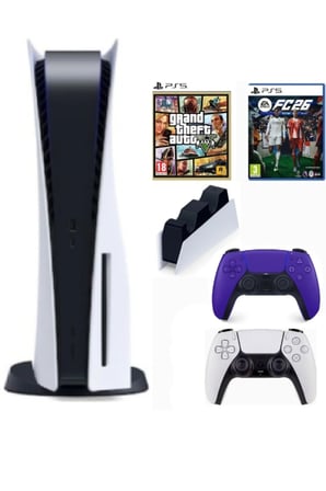 Playstation 5 Cdli Standart kasa + 2.kol Dualsense Mor + Şarj istasyonu + ps5 FC26 + Ps5 GTA 5 ( İthalatçı Garantili)
