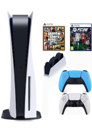 Playstation 5 Cdli Standart kasa + 2.kol Dualsense Starlight Blue mavi + Şarj istasyonu + ps5 FC26 + Ps5 GTA 5 ( İthalatçı Garantili)