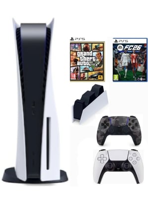 Playstation 5 Cdli Standart kasa + 2.kol Dualsense Kamuflaj Gri + Şarj istasyonu + ps5 FC26 + Ps5 GTA 5 ( İthalatçı Garantili)