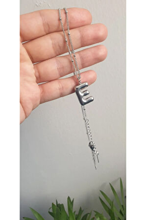 E Harf Kolye Taşlı Çelik Vip Seri 316L Çelik Kolye Gold  Renk E Harf