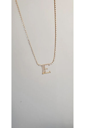 E Harf Kolye Taşlı Çelik Vip Seri 316L Çelik Kolye Gold  Renk E Harf