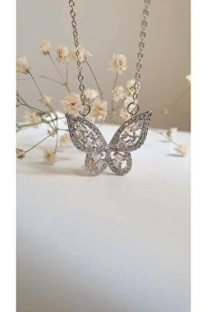 Kelebekli Çelik Kolye 316l Çeliktaşlı Zarif14 Ayar Gold Renginde fmaccesories