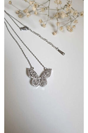 Kelebekli Çelik Kolye 316l Çeliktaşlı Zarif14 Ayar Gold Renginde fmaccesories