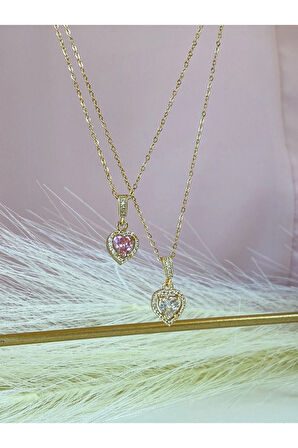 Pembe Zirkon Taşlı Kalp Çelik Kolye