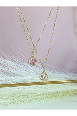 Pembe Zirkon Taşlı Kalp Çelik Kolye