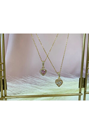 Pembe Zirkon Taşlı Kalp Çelik Kolye