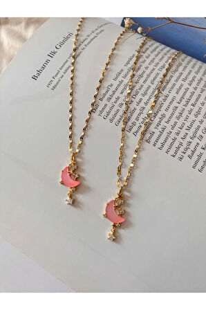 Purple Jewelryy - Pembe Kristal Panlanmaz Çelik Kolye