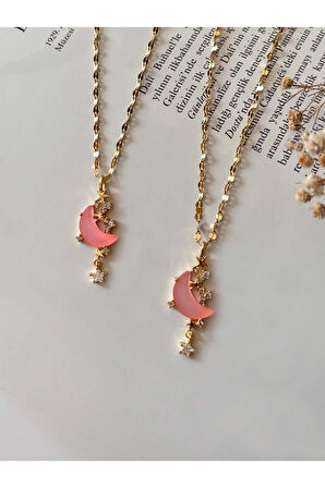 Purple Jewelryy - Pembe Kristal Panlanmaz Çelik Kolye