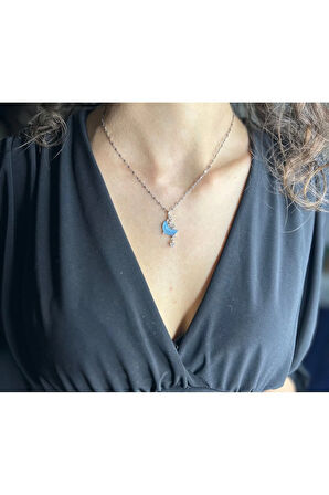 Mavi Ay ve Hilal Sedef ve Zirkon Taş 316 L Çelik Kolye Silver