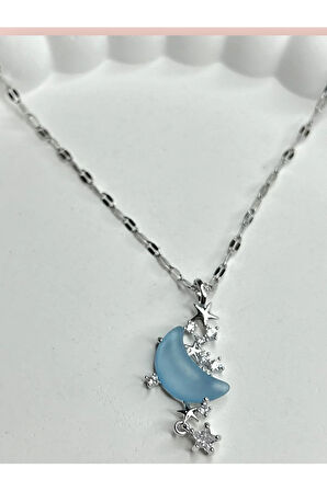 Mavi Ay ve Hilal Sedef ve Zirkon Taş 316 L Çelik Kolye Silver