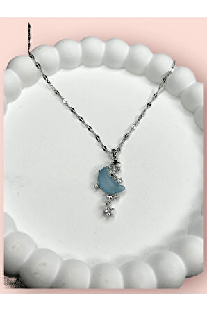 Mavi Ay ve Hilal Sedef ve Zirkon Taş 316 L Çelik Kolye Silver