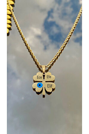 Yonca Kolye Isimli Kişiye Özel yazılı Paslanmaz Çelik  kolye nazar boncuklu sevgiliye hediye (316L)