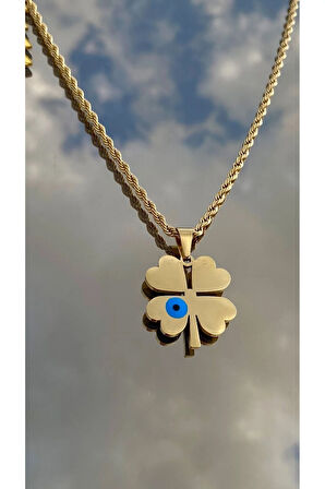 Yonca Kolye Isimli Kişiye Özel yazılı Paslanmaz Çelik  kolye nazar boncuklu sevgiliye hediye (316L)