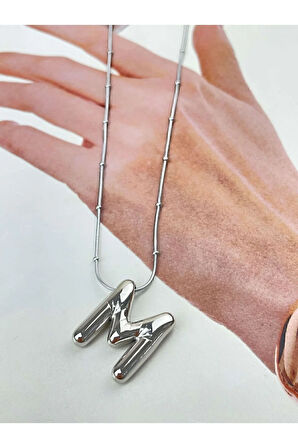 silver renk balon bubble model çelik harf kolye M harfi