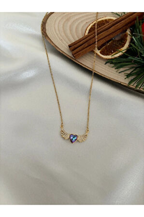 316 L Çelik Melek Kanatlı Taşlı Kalp Kolye