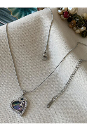 Çelik Silver Fiyonklu Holo Heart Kolye