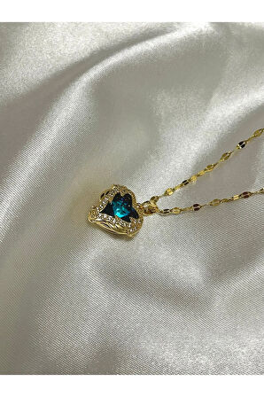 Yüksek Kalite Çelik Mavi Kristal Kalp Kolye Gold 40 Cm Okyanusun Kalbi