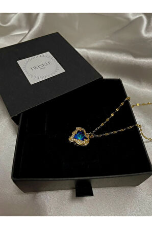 Yüksek Kalite Çelik Mavi Kristal Kalp Kolye Gold 40 Cm Okyanusun Kalbi