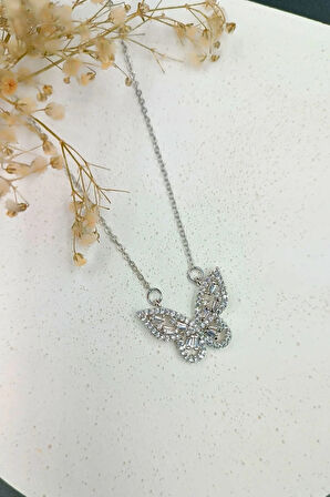 316 L. Çelik Kararmaz Zirkon Taşlı Kelebek Kolye Gümüş