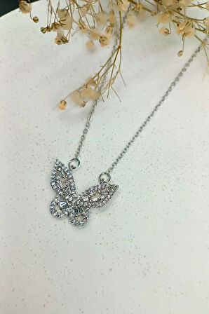 316 L. Çelik Kararmaz Zirkon Taşlı Kelebek Kolye Gümüş