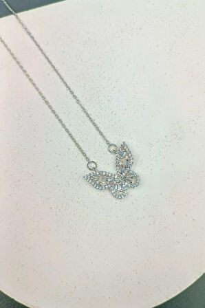 316 L. Çelik Kararmaz Zirkon Taşlı Kelebek Kolye Gümüş