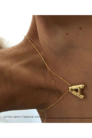 Üç Boyutlu Çelik A Harfli Balon Gold Renk Kolye