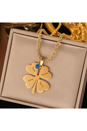 Gold çelik burgu zincir kişiye özel isimli yonca kolye