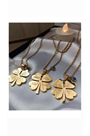 Gold çelik burgu zincir kişiye özel isimli yonca kolye